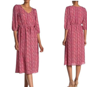 Superfoxx Geometric Pattern 3/4 Sleeve V-Neck Multicolor Flowy Midi Dress Size M